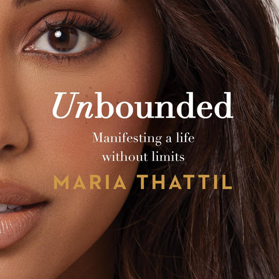 Book cover of 'Unbounded' featuring a close-up portrait of the author, Maria Thattil, with a subtle background.